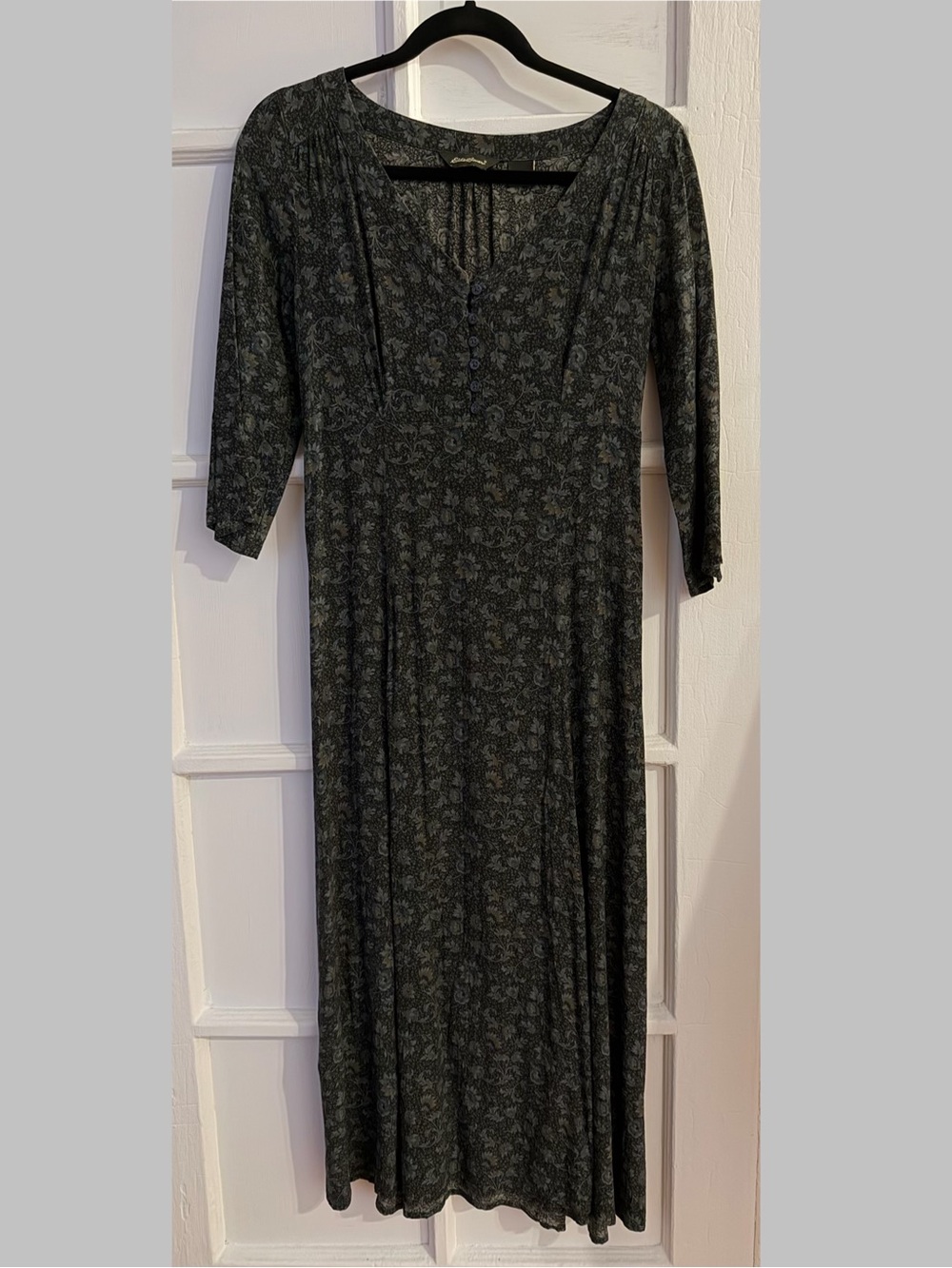 Vintage Women's Green Floral Maxi Dress with Three-Quarter Sleeves Eddie Bauer